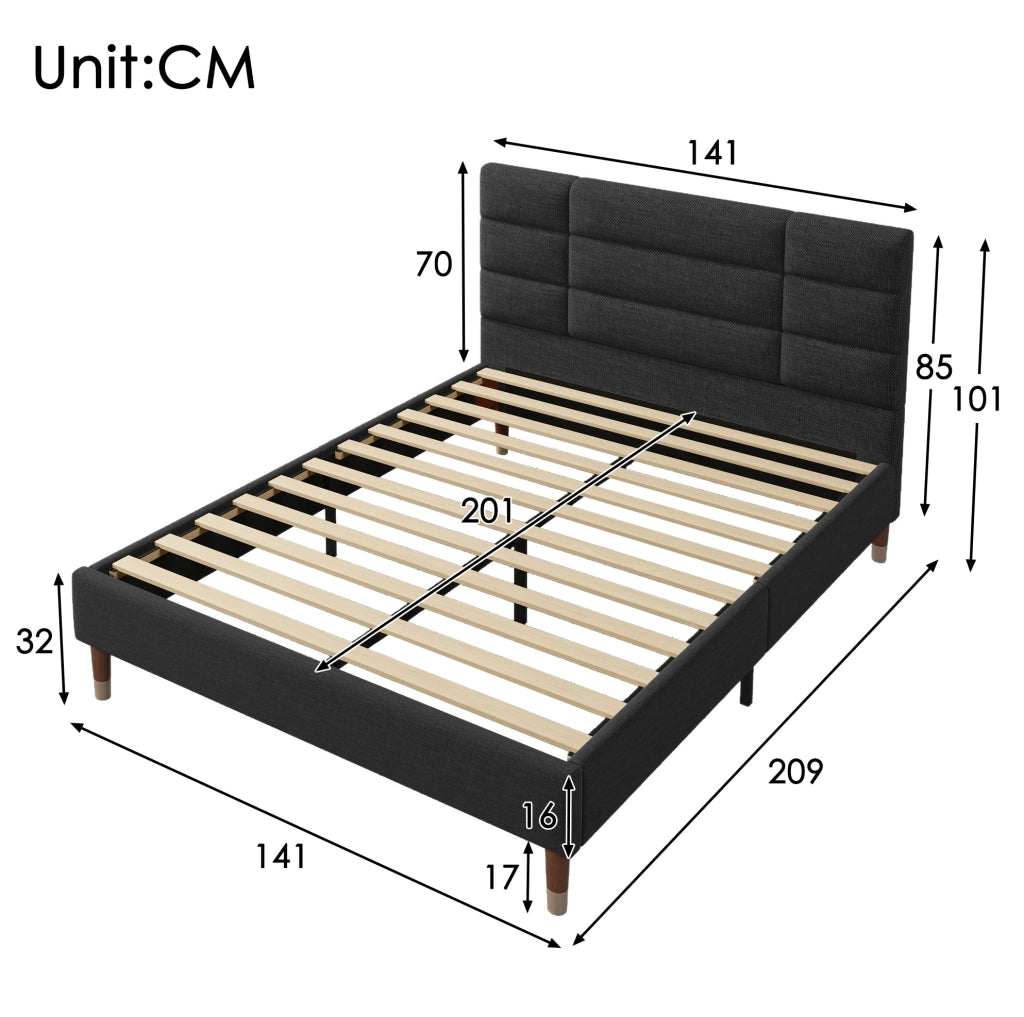 Letto matrimoniale imbottito 140x200 cm in lino nero con rete a doghe e testiera