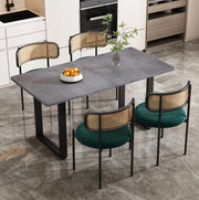 Set tavolo da pranzo e sedie con schienale in rattan; gambe in metallo; truciolato; nero e grigio