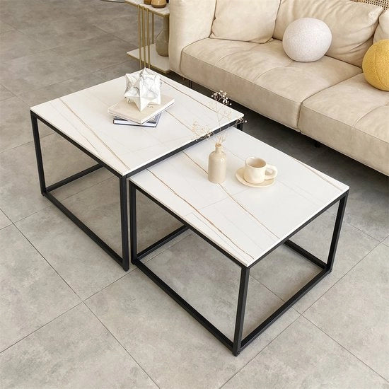Set di 2 Bijzettafeltjes - Tavolo da caffè - 2 pezzi - Finestra marmo - Bianco/nero