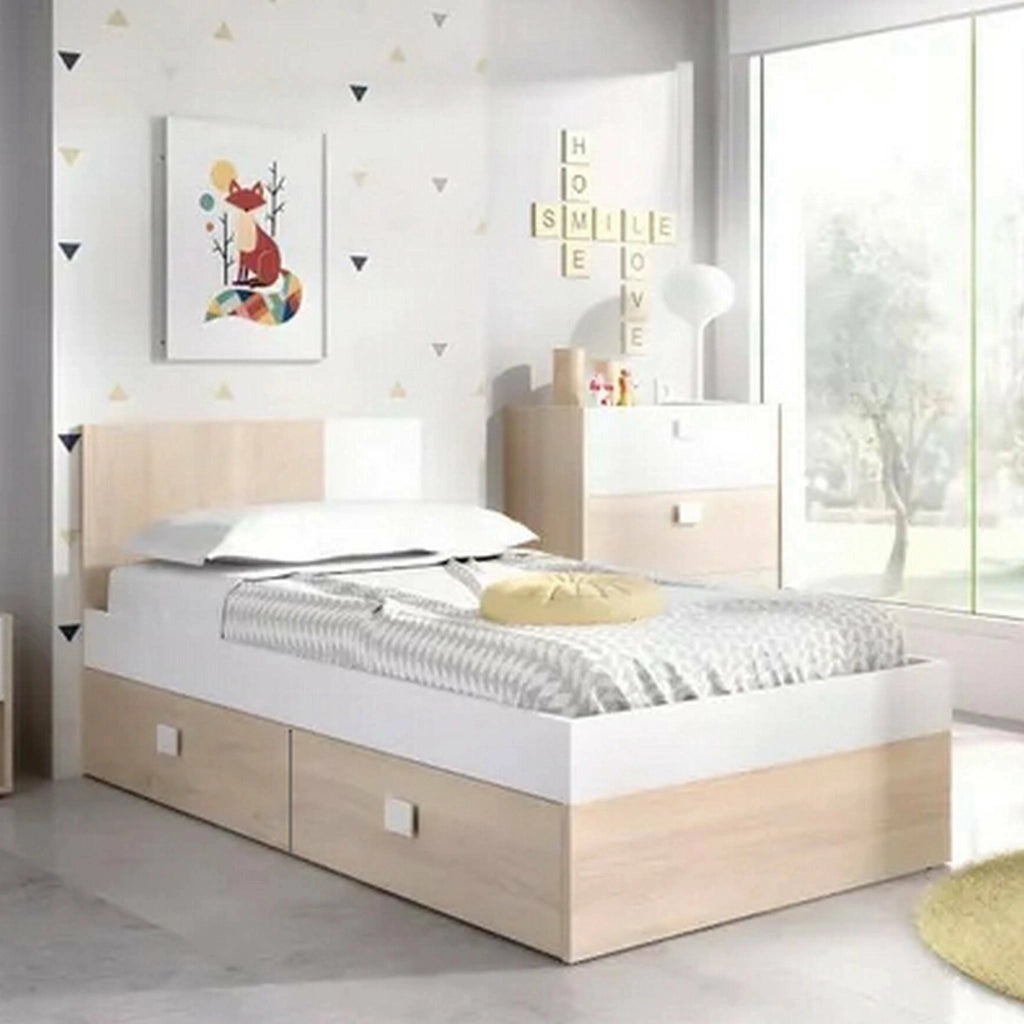 Letto singolo Rashmi, Sommier per camera da letto, Giroletto per stanza, Struttura porta materasso, 97x196 h79 cm, Bianco e Rovere
