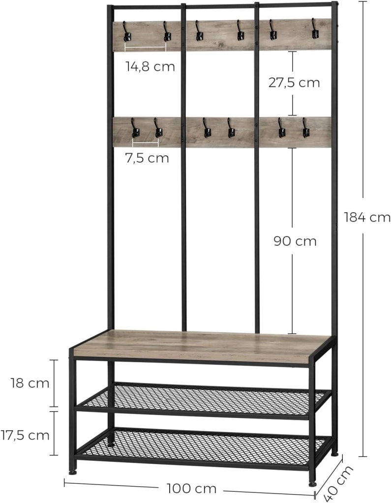 VASAGLE Appendiabiti con Panca Scarpiera, Attaccapanni con 12 Ganci e Ripiani, Scaffale per Corridoio, Ufficio, Camera da Letto, Struttura in Acciaio, Stile Industriale, Greige e Nero HSR086B02