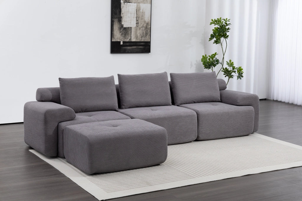 Divano angolare modulare senza struttura con schiuma ad alta densità e rivestimento in tessuto grigio scuro