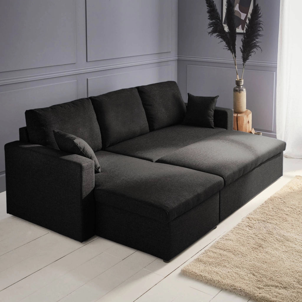 Divano letto angolare reversibile con contenitore, 3 posti, nero