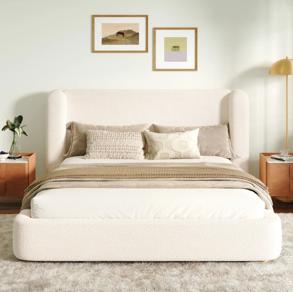 Letto imbottito beige in bouclé con rete a doghe