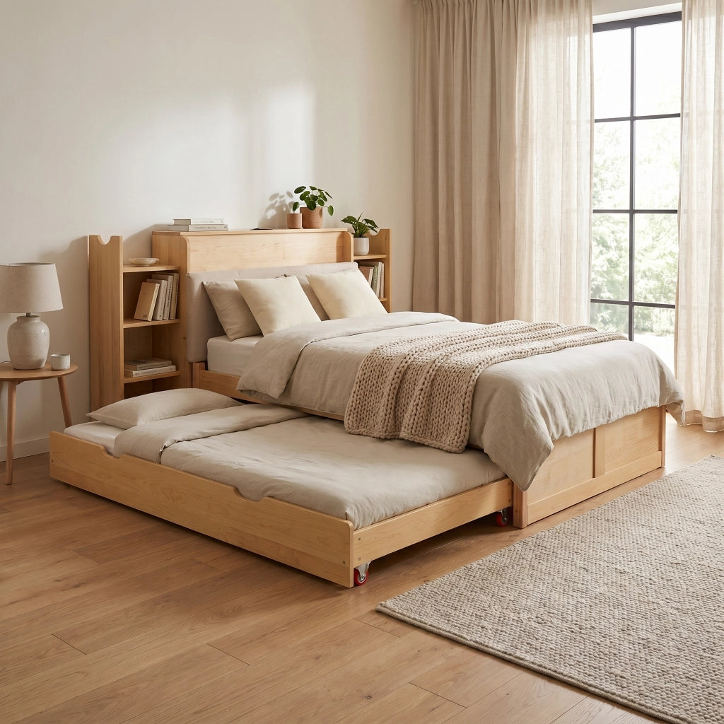 Letto Contenitore con Estraibile 90x200 ¨C MINIMAL ¨C Testiera Imbottita, USB, Legno