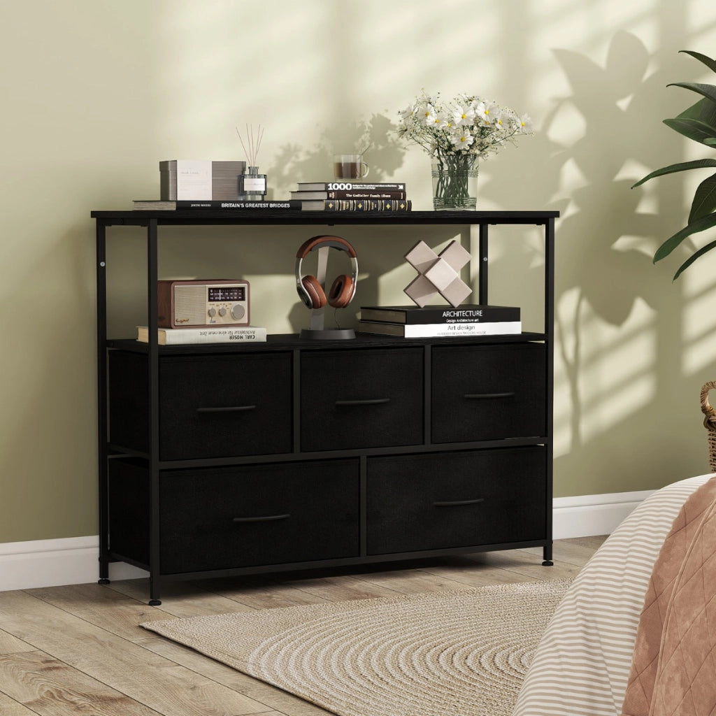 Com¨° per camera da letto con 5 cassetti cassettone in legno, Com¨° unit¨¤ organizzatore per conservazione Nero