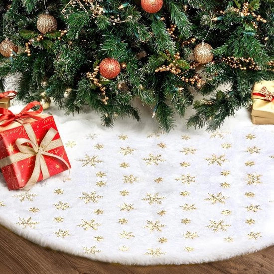 Giacca di Natale, decorazione di Natale, camicia di albero di Natale con tessuto di poliestere, pailletti d'oro, fiocchi di neve