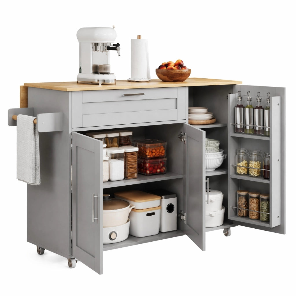 Carrello cucina mobile con piano ribaltabile, 132,5 x 44(70) x 90 cm, grigio, con ampia capacità contenitiva e 5 ruote