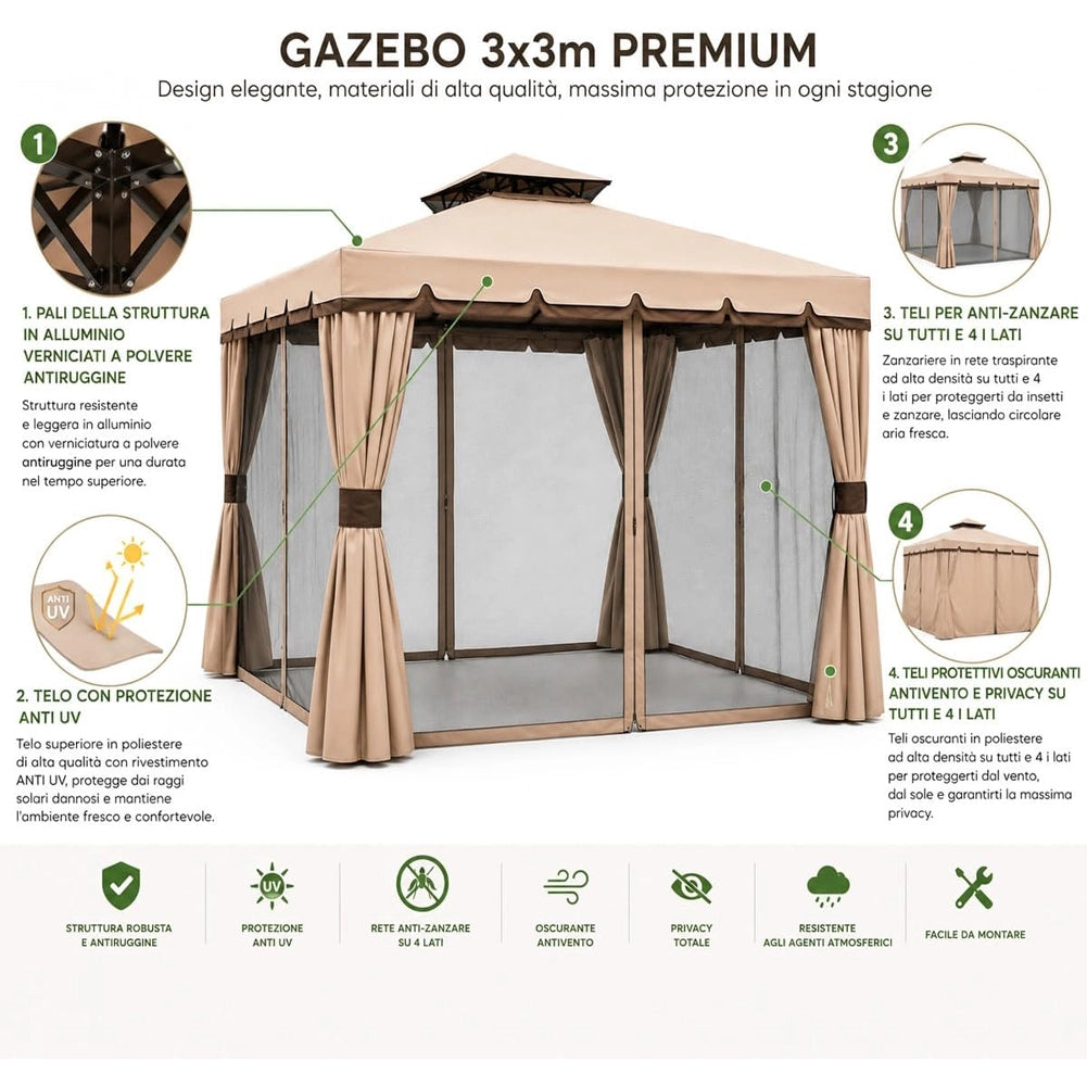Gazebo 3X3 Metri In Alluminio Telo Impermeabile Zanzariera Antipioggia Giardino