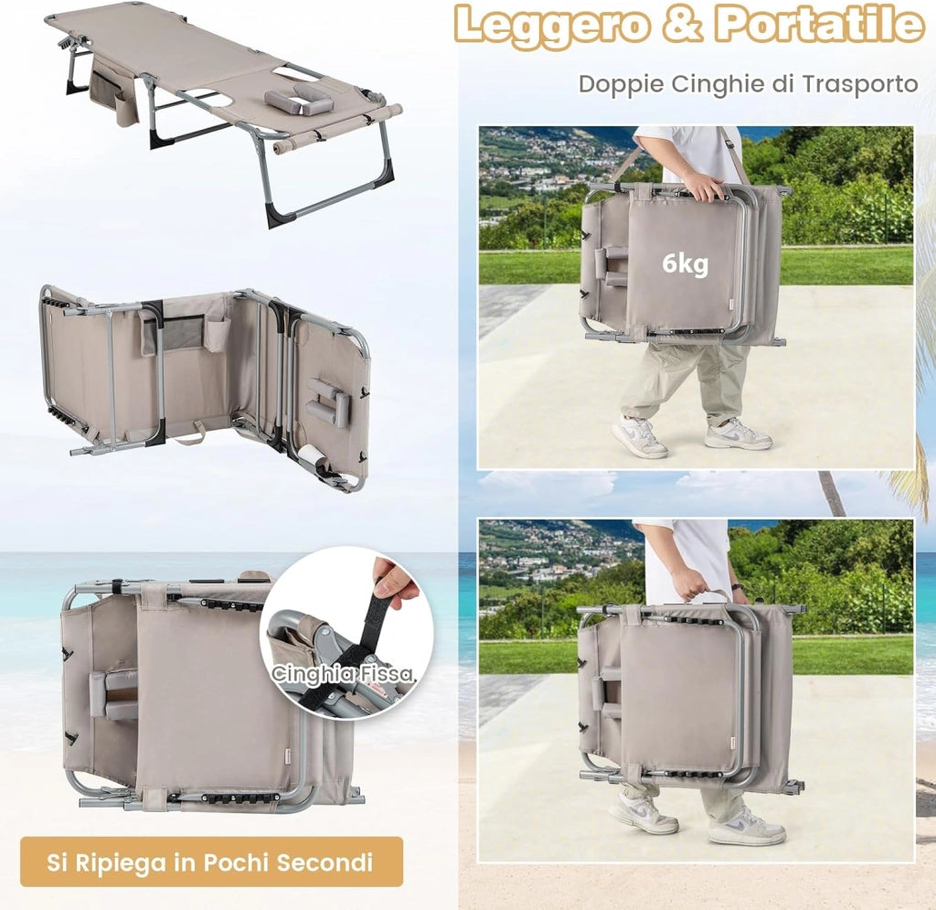 Lettino Prendisole Pieghevole Portatile, Lettino da Spiaggia con Fori per Viso e Braccia, Cuscino Poggiatesta e Tasca, Schienale Regolabile, per Mare e Piscina, Portata 180 kg (Grigio)