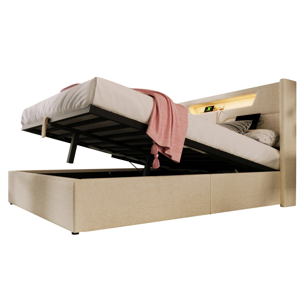 Letto matrimoniale imbottito 140x200 cm in tessuto lino beige con LED; USB e contenitore