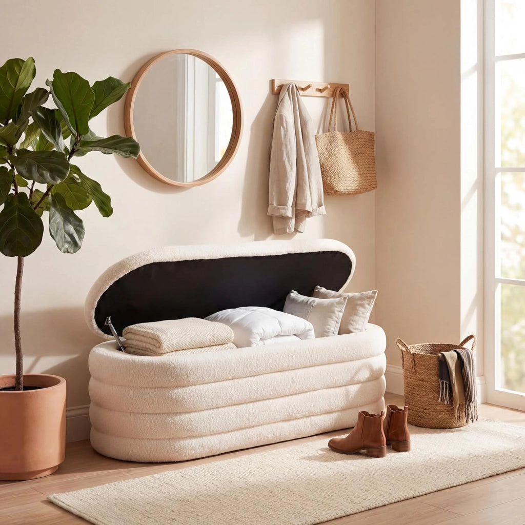 Poggiapiedi Contenitore con Ampio Interno da 108,5 L, Sedia Imbottito per Interno, Sgabello Portaoggetti per Camera da Letto, Soggiorno e Studio, 123,5 X 46 X 42,5 CM, Beige