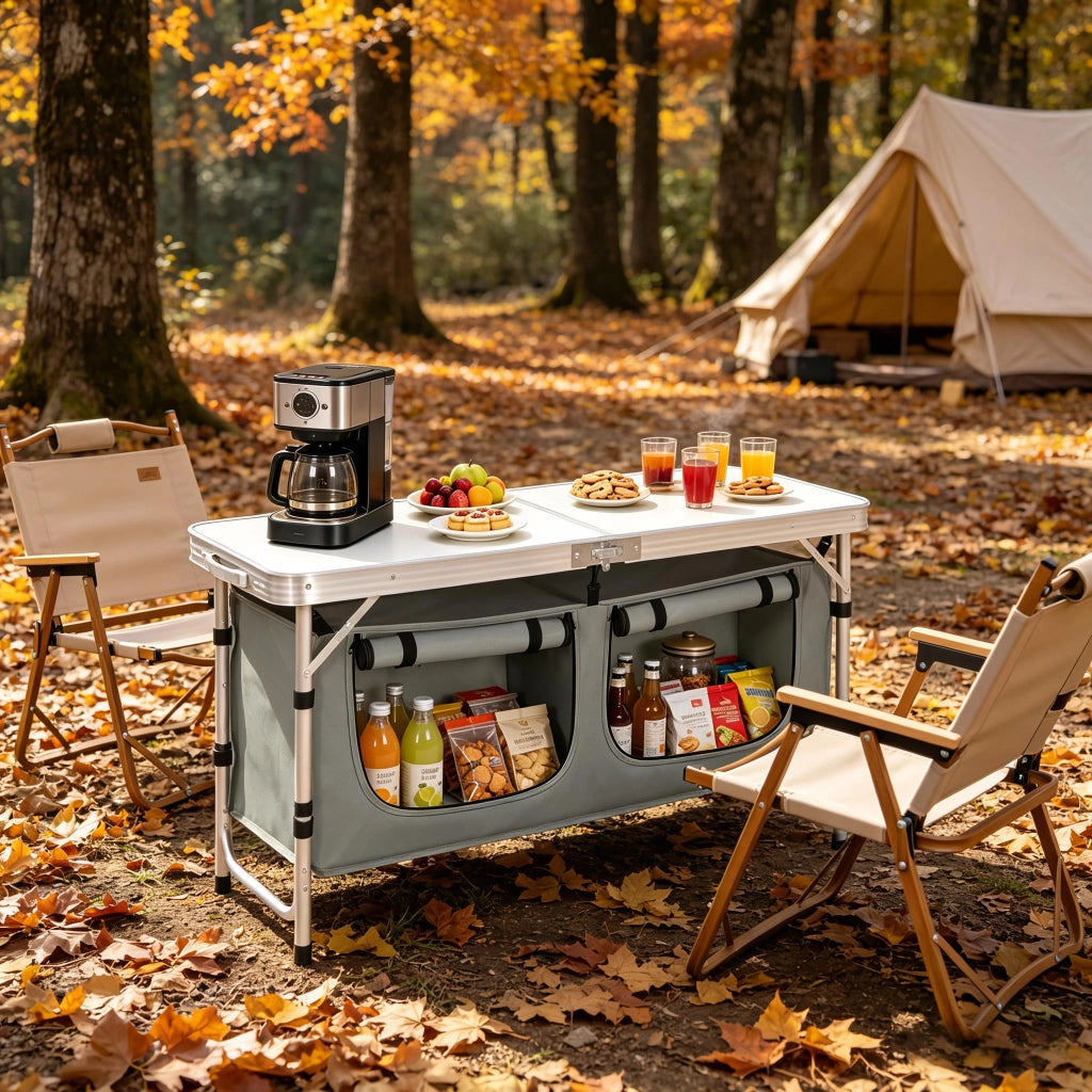 Tavolo da picnic con gamba regolabile; tavolo da giardino pieghevole; tavolo da campeggio con borsa per riporre