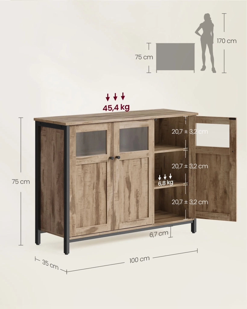 Mobile contenitore/credenza 35 x 100 x 75 cm con armadio a 3 ante per sala da pranzo soggiorno cucina ingresso struttura in acciaio stile industriale marrone 12_0006429