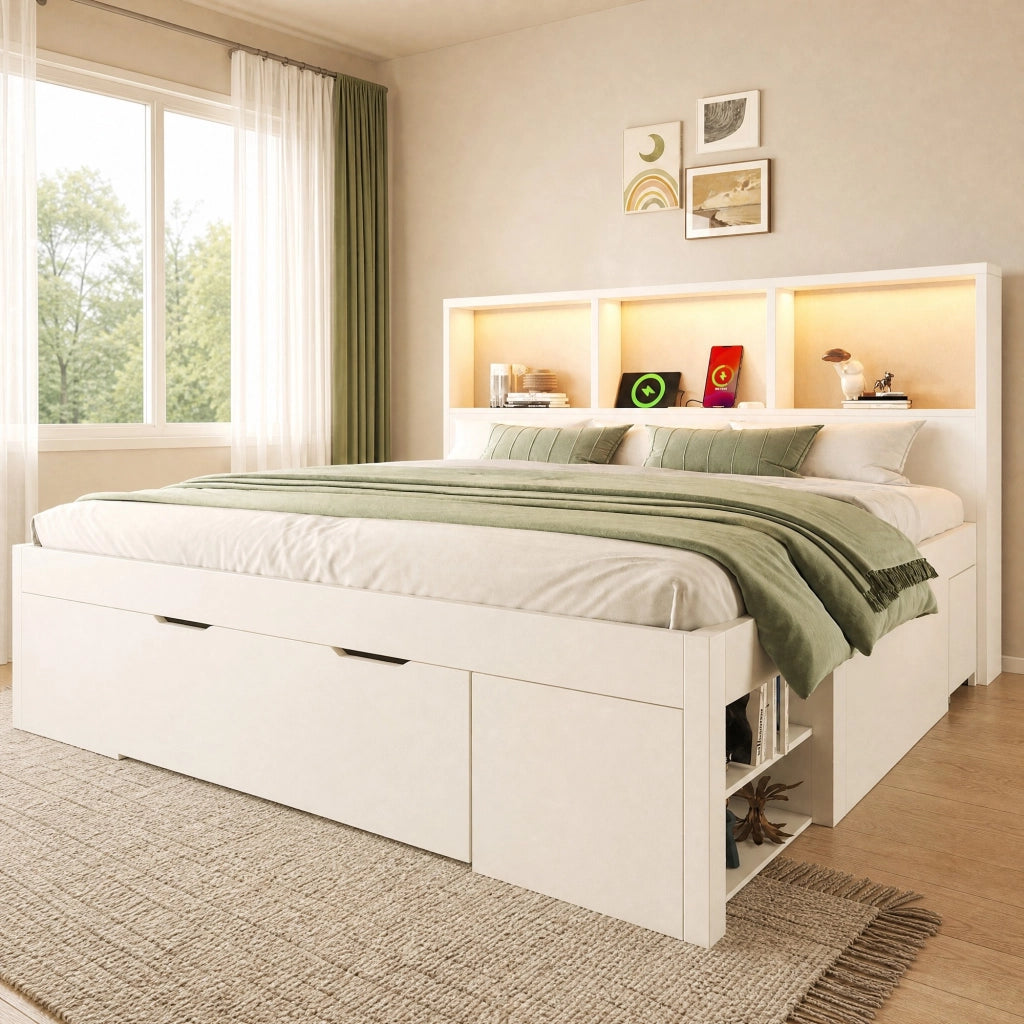 Letto 140x190 cm bianco con comodini mobili, LED e USB-C