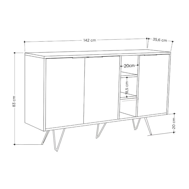 Madia Moderna Credenza 142x83 cm con 3 Ante e Vani a Giorno Rovere e Antracite