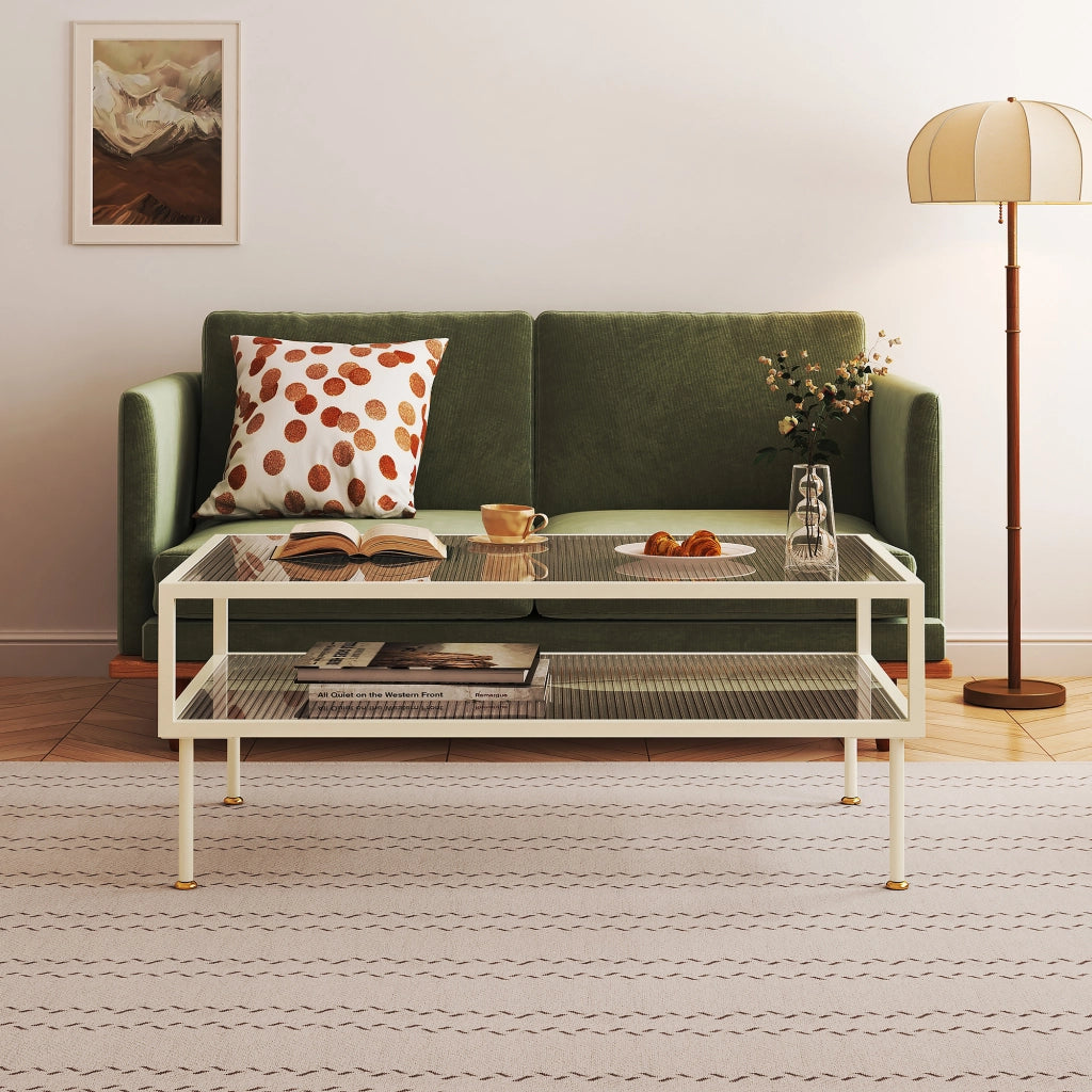Tavolino Centrale da Salotto Lindau in Acciaio Piani in Vetro 100x50x46 cm Bianco Crema [en.casa]