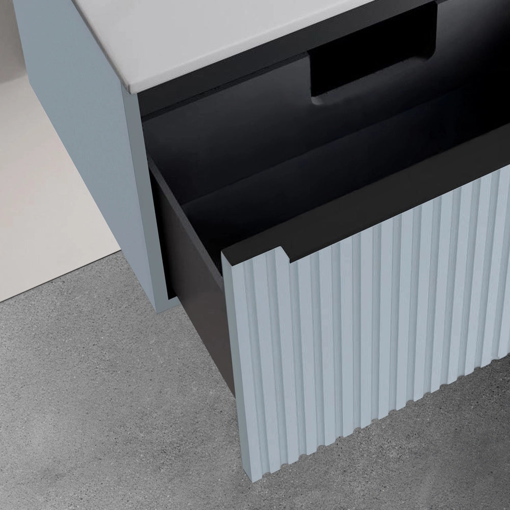 Mobile bagno sospeso 100 cm azzurro polvere cannettato con cassetto e lavabo Nara