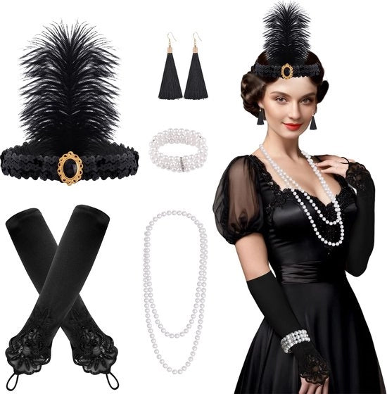Set di accessori da costume a 8 pezzi - Cintura flapper - Manopole lunghe nere - Collana a perle - Orecchini - Bracciale vintage - Abbigliamento da festa