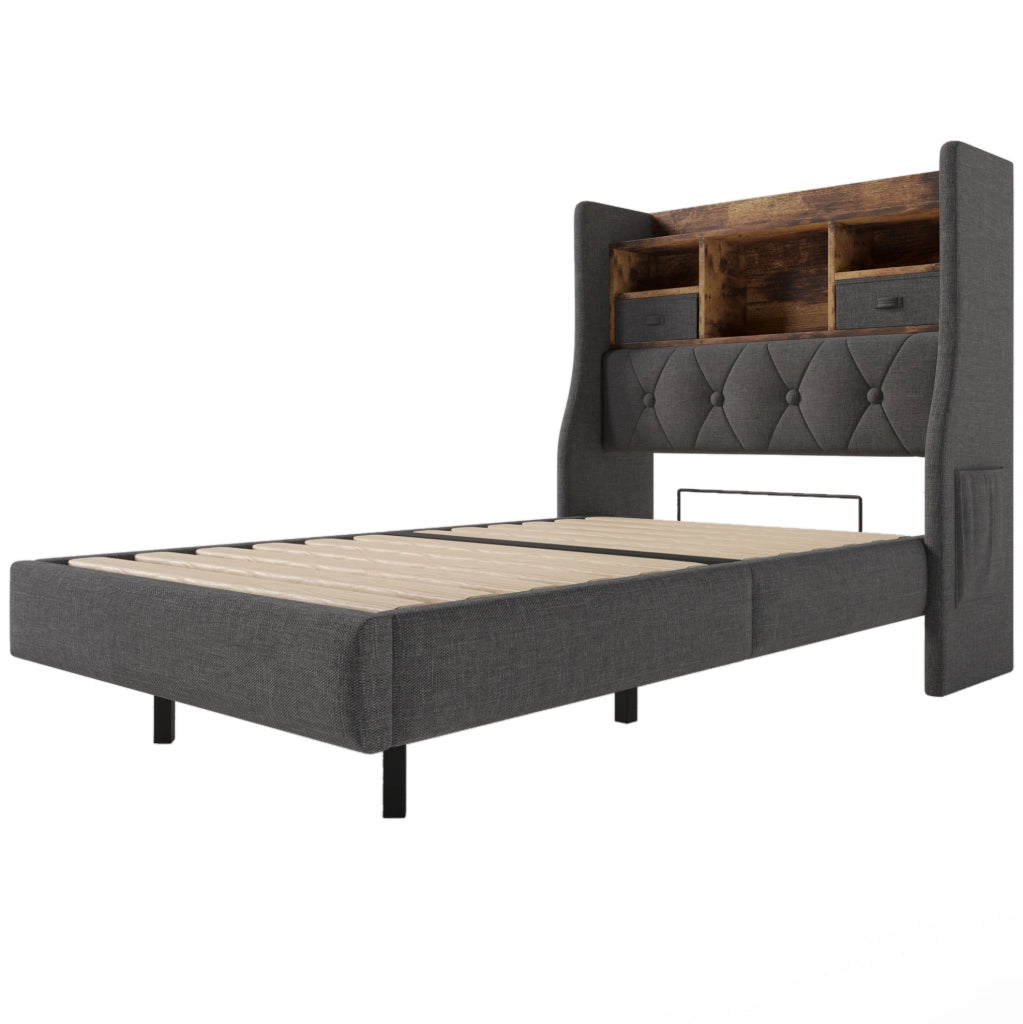 Letto singolo 90x200 cm imbottito in lino grigio con LED; testiera contenitore e porte USB