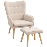 Poltrona con Poggiapiedi, con Schienale Alto, Gambe in Legno Trapuntate e Rivestimento in Lino, Beige
