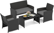 Set Salotto da Giardino 4 Pezzi, Divanetto e Poltrone in Rattan con Tavolino da Caffè in Vetro Temperato, Set di Mobili da Esterno Imbottiti per Cortile, Veranda e Bordo Piscina (Grigio)