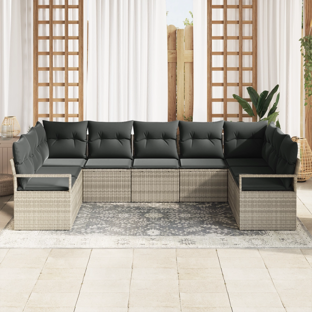 Set giardino  9 pezzi con cuscini Grigio chiaro Polyrattan
