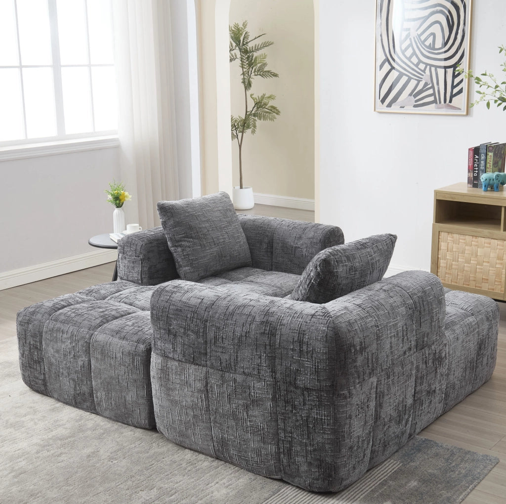 Divano modulare con chaise longue in chenille grigio; 250x158x60 cm; con tasche laterali