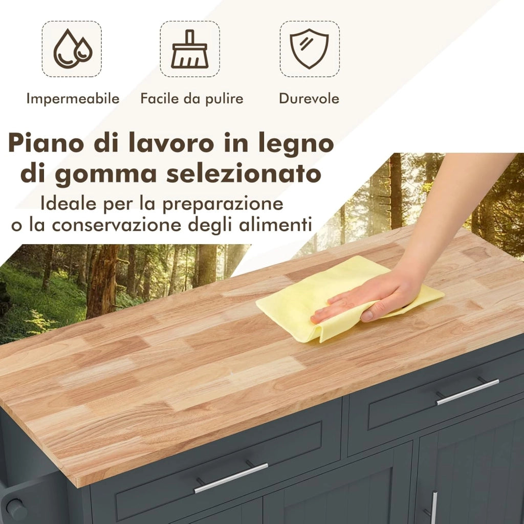 Carrello da Cucina, Carrello di Servizio con Ruote e Maniglia, 3 Ante e 2 Cassetti, Ideale per Cucina Ristorante Bar, 122x46x92,3 cm (Grigio)