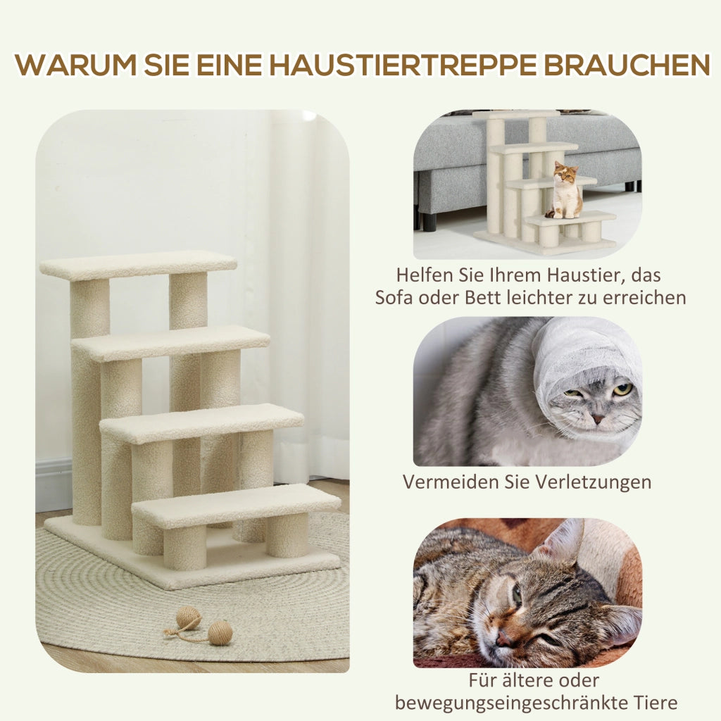 Scaffale a 4 gradini per cani e gatti in truciolare con rivestimento in peluche, bianco crema, 63,5 × 43 × 60 cm