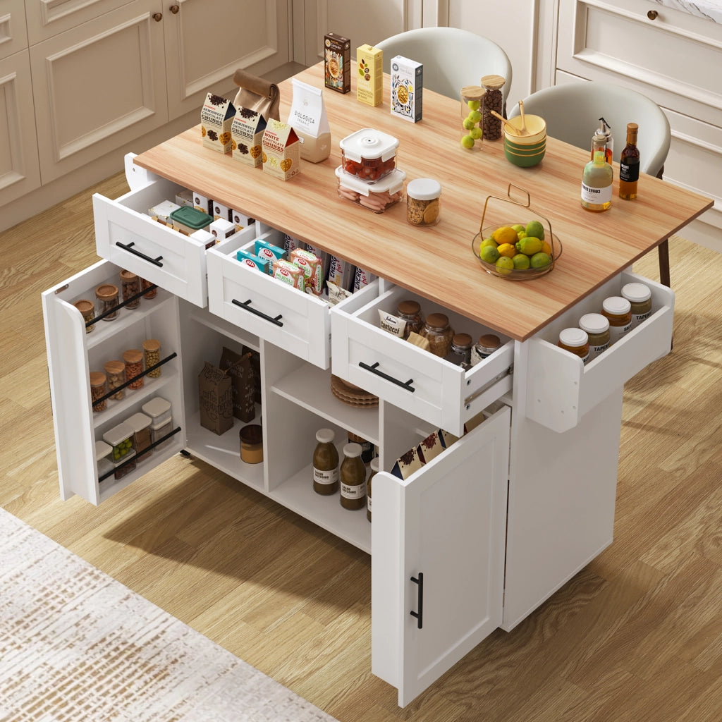 Carrello da Cucina con 3 Cassetti; 3 Scomparti; Piano Ribaltabile; Portasciugamani e Ruote 139x46x91;5 cm