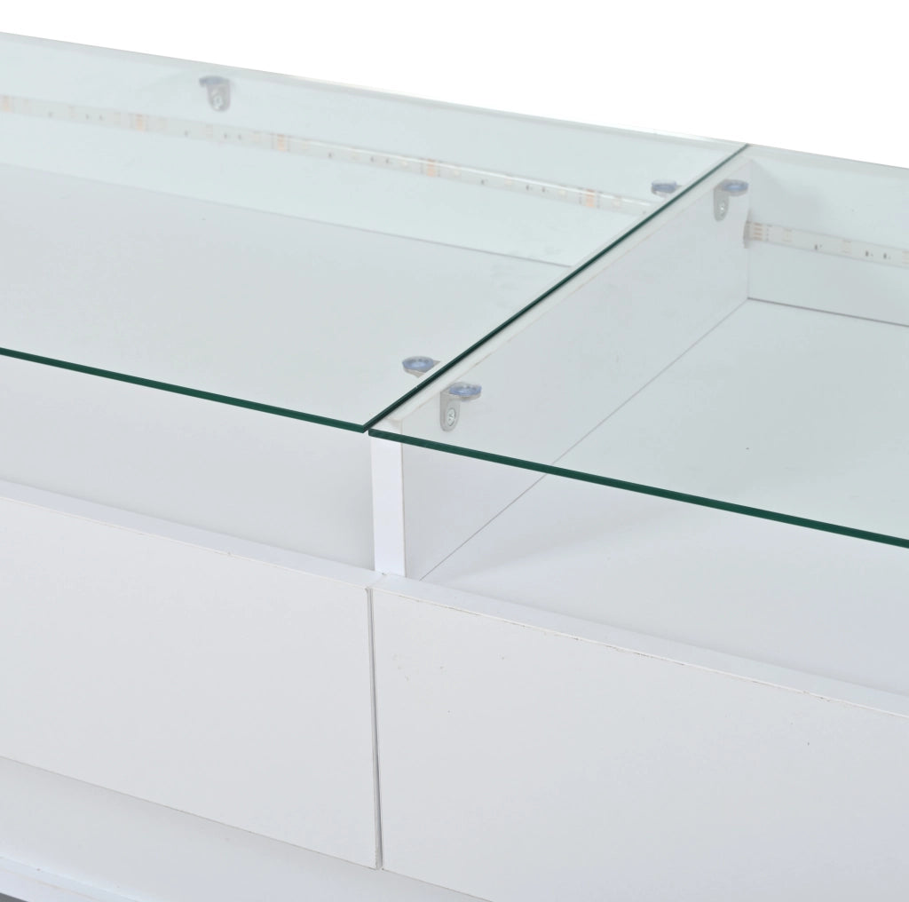 Credenza 140x40x70 cm con 2 cassetti, LED USB e piano in vetro temperato bianco