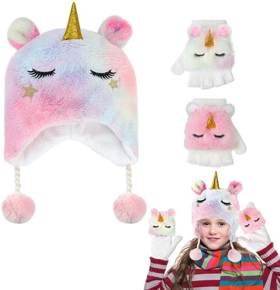 Set di accessori invernali per bambine 3-10 anni - 3 pezzi - Guanti senza dita - Disegno magico