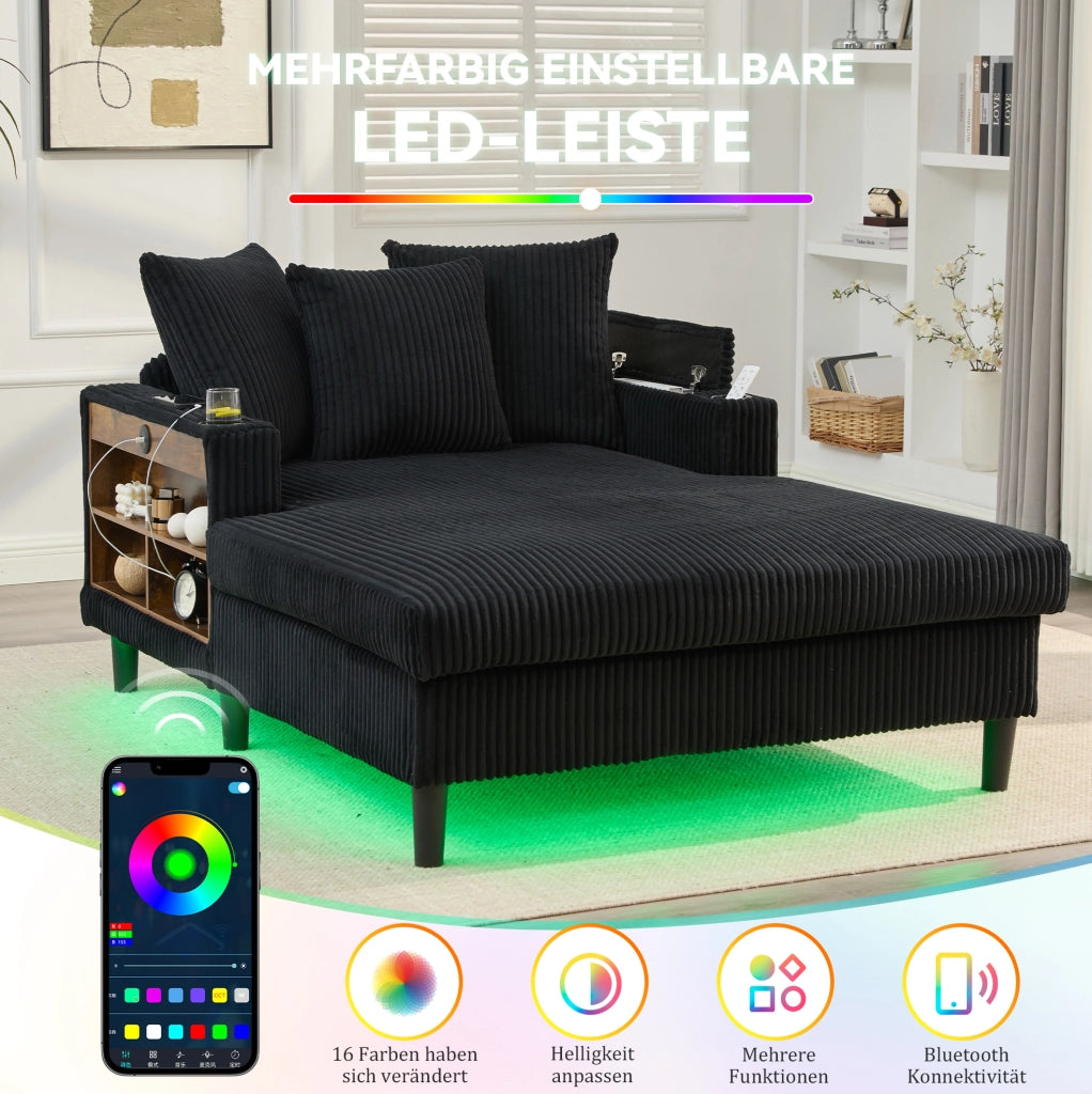 Chaise longue in velluto a coste nero con LED e USB