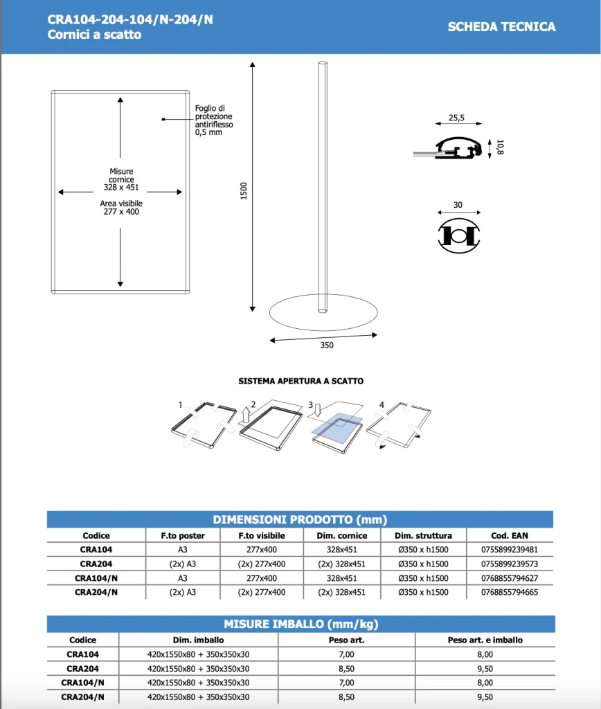 Porta Comunicazioni con Cornice A3 - Monofacciale Alluminio