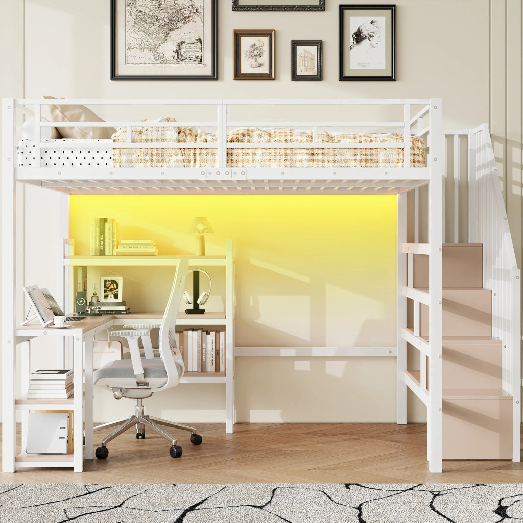 Letto a castello in metallo 140x200 - Zephmum - Con scrivania, scala, USB, LED, bianco