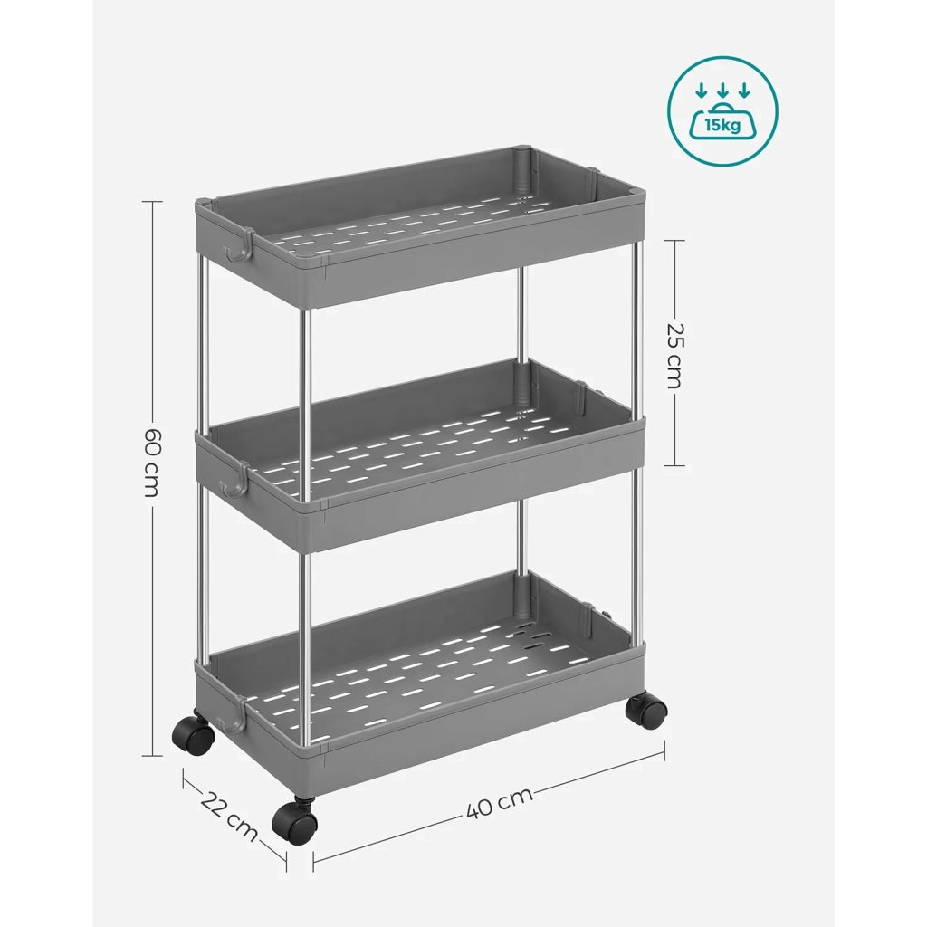 Carrello portaoggetti con ruote scaffale mobile a 3 ripiani salvaspazio per bagno cucina ufficio 40 x 22 x 60 cm grigio 12_0005026