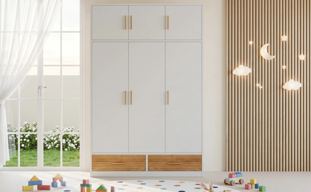 Armadio a 3 ante con vani superiori, asta appendiabiti e 2 cassetti, 120x50x180 cm, bianco