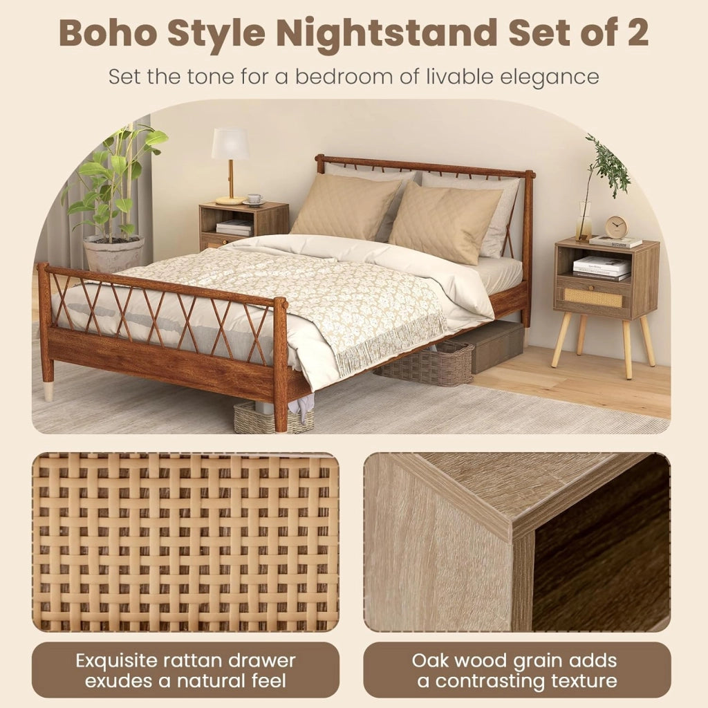 Set di 2 comodini con cassetto in rattan e ripiano aperto, tavolino con gambe in legno massello, comodino in stile boho, per camera da letto, soggiorno, 40 x 30 x 60,5 cm