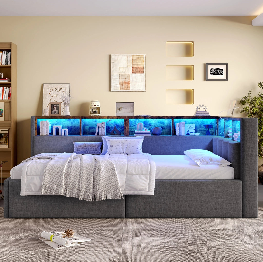 Divano letto singolo 90x200 cm con stoccaggio idraulico, illuminazione LED multicolore e porte USB-C e USB