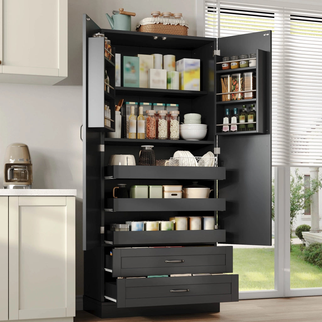 Credenza alta con 3 ripiani estraibili, 2 cassetti e ripiani nelle ante, in MDF nero, per cucina e soggiorno, 80 × 37,5 × 180 cm