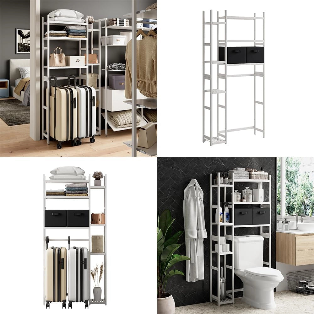 Mobiletto per lavatrice Bilbao, Bianco, 78.5 x 163 cm con 2 cassetti in pile, Ripiani aperti per detersivi, asciugamani e accessori