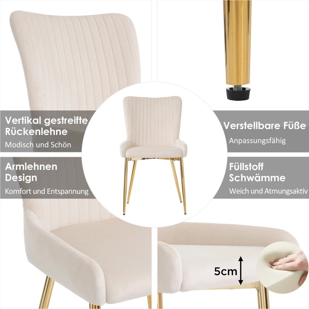 Sedie da pranzo, 4 pezzi in velluto beige con supporto lombare e gambe in metallo dorato