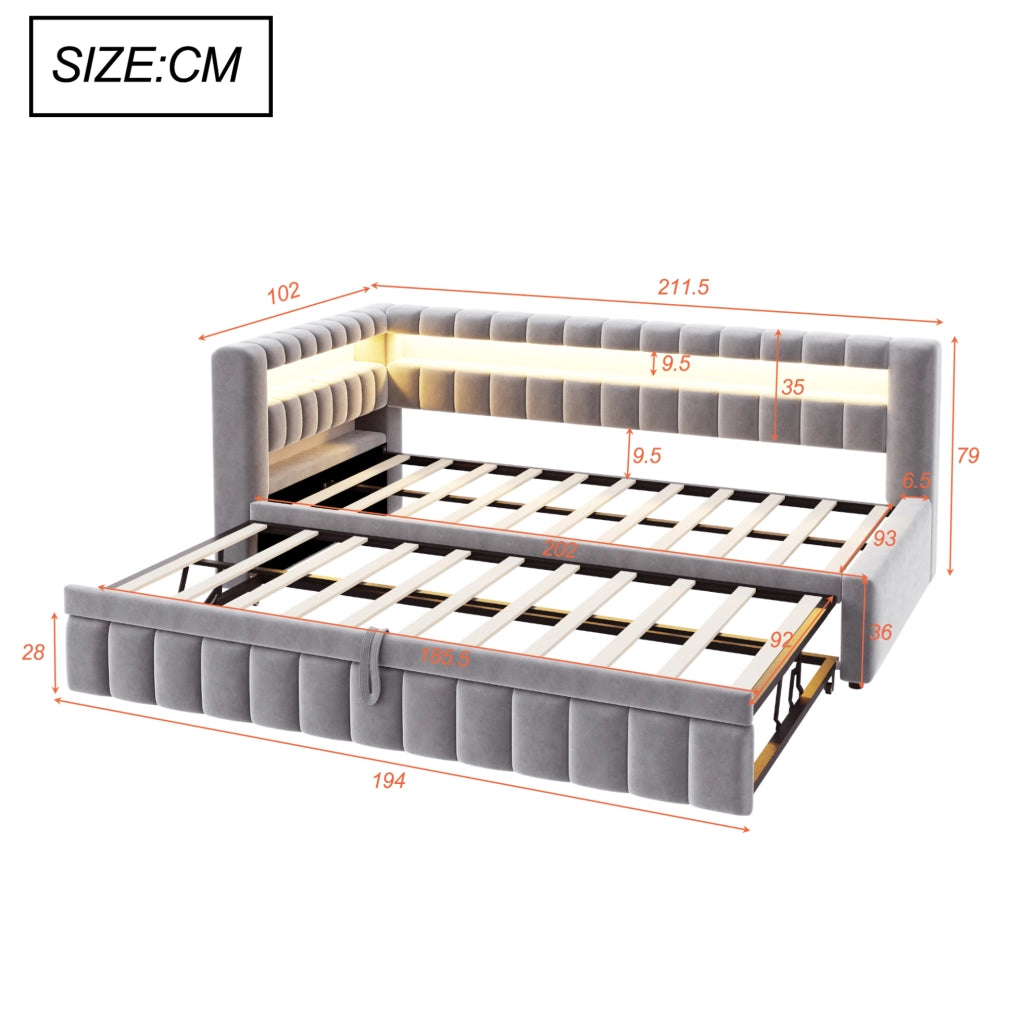Divano letto imbottito estraibile 90x200 cm con LED; porte USB e Type-C; velluto grigio chiaro