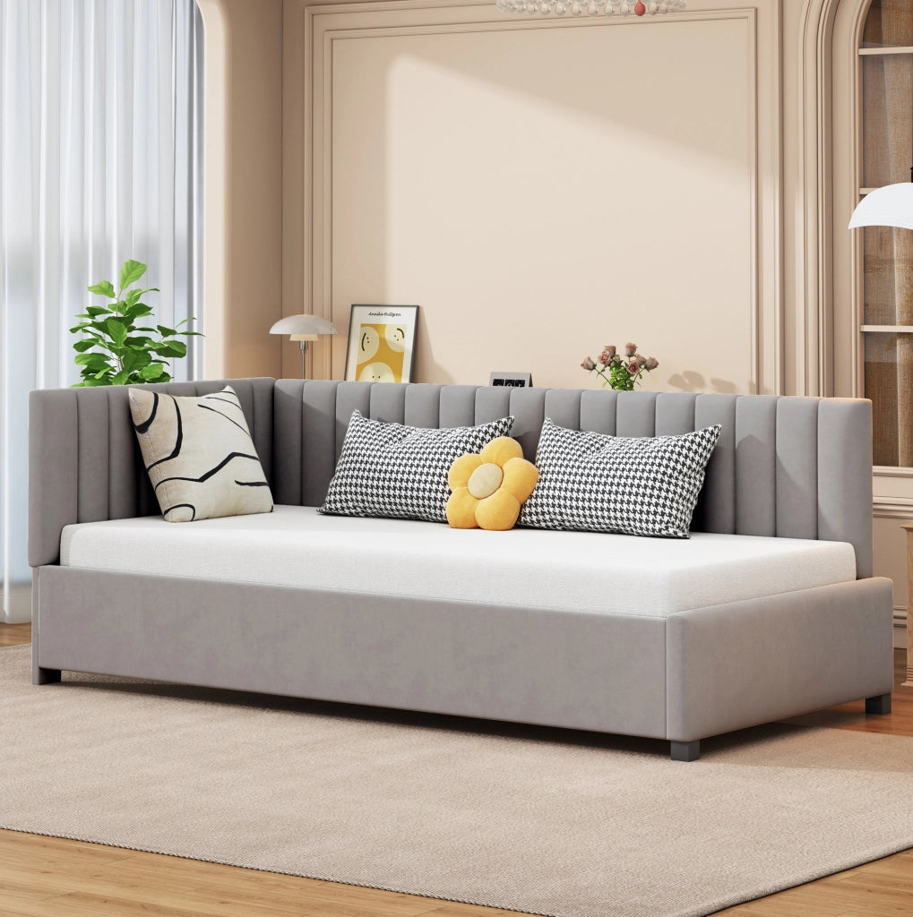 Letto imbottito multifunzionale 90x200 cm con rete a doghe, grigio