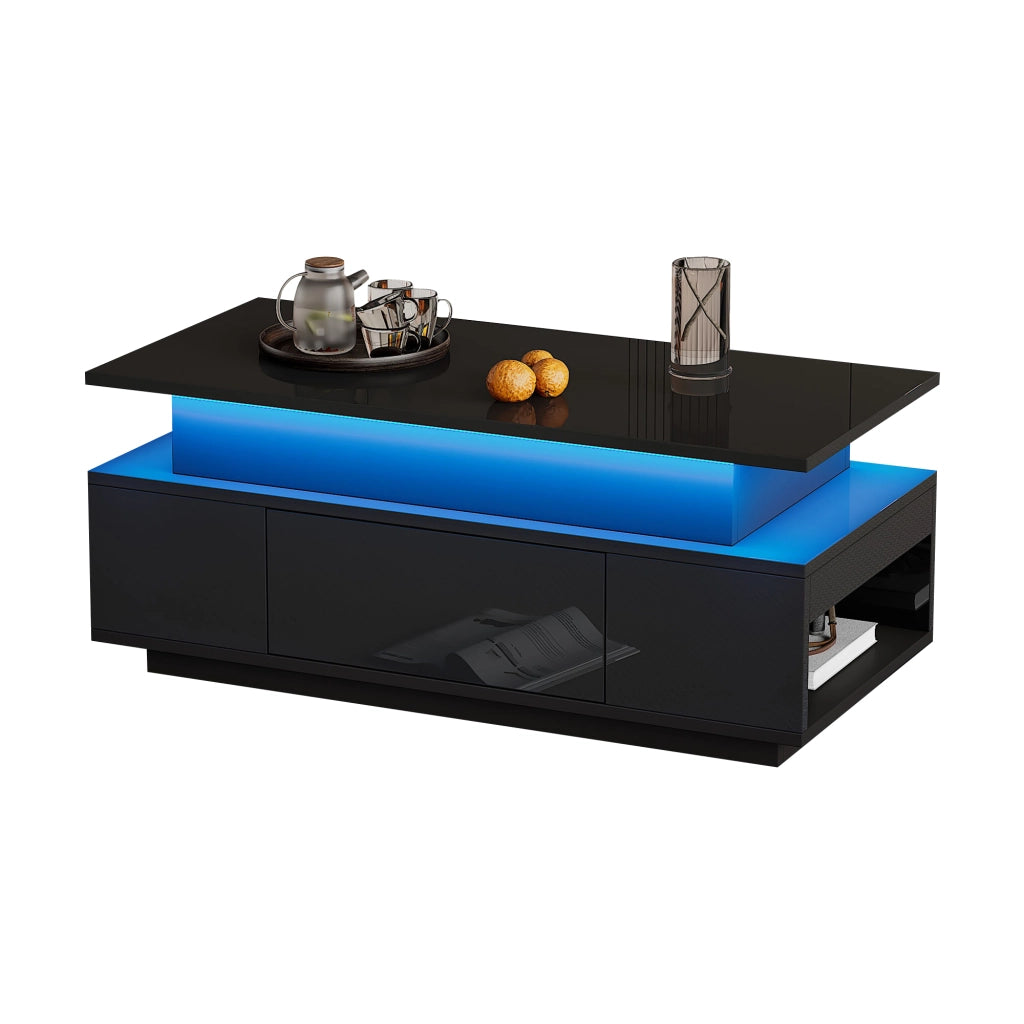 Tavolino Da Caffè Sollevabile con 1 Cassetto e Vano Nascosto; LED; Nero Lucido; in Pannello Truciolare; 96×45×40 cm