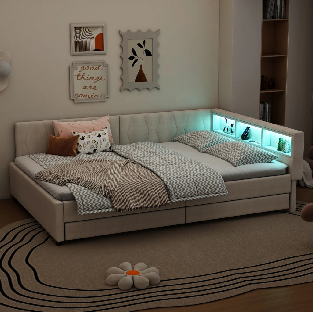 Letto daybed 140x200 cm beige con LED, USB-C e cassetti