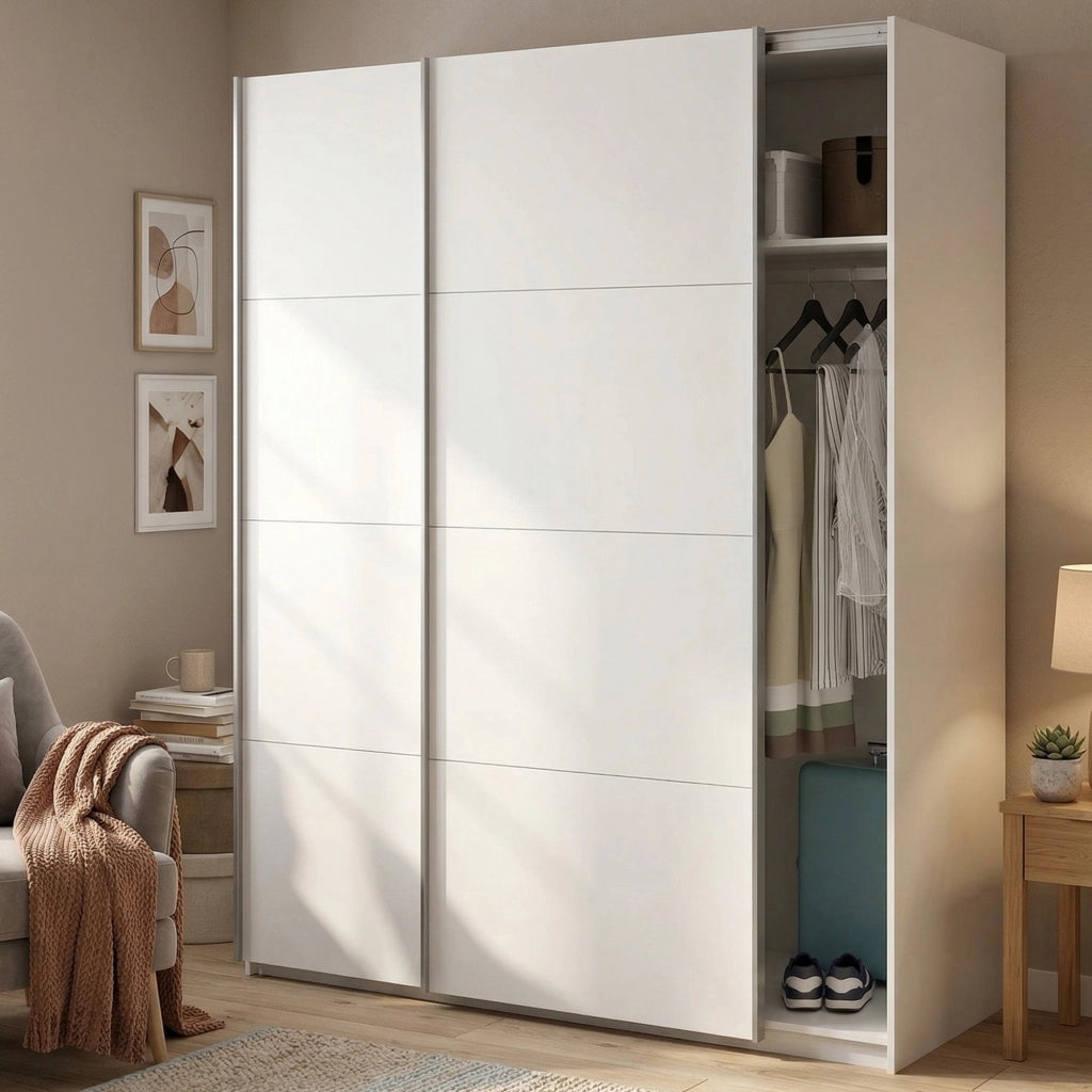 Guardaroba Opi, Armadio per camera da letto a 2 ante scorrevoli, Mobile con barra appendiabiti e 2 ripiani, cm 150x60h200, Bianco