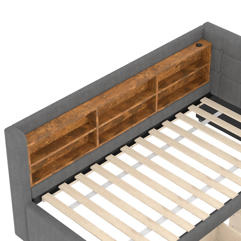 OKWISH Letto Divano 90×200 cm, Letto Singolo con 2 Cassetti, USB, Tipo C e Mensole, senza Materasso, in Lino, Grigio