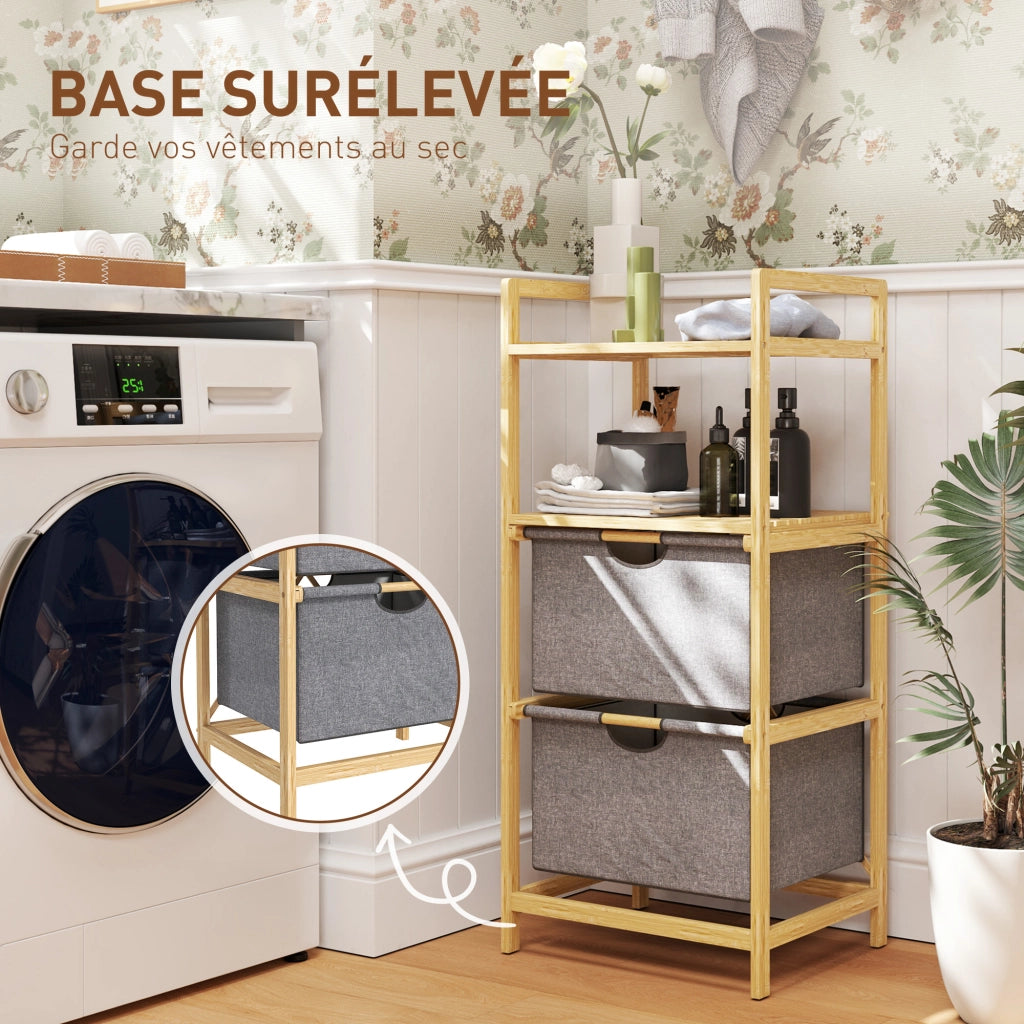 Cestino per il bucato in bamb¨´ con 2 sacchetti in tessuto scorrevoli e ripiani aperti ¨C Zephmum ¨C Naturale 80x40x60